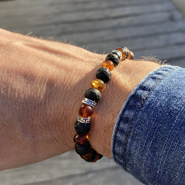 Bracelet Ambre Homme Cognac Pierre de Lave (breloques)